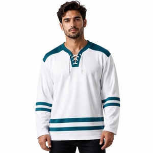 Camiseta de Hockey Blanca para Hombre, Manga Larga, Cuello Redondo, Transpirable, Absorbe la Humedad, 100% Poliéster, Nombre del Equipo Personalizado, Cierre con Cordón - Product Image 1