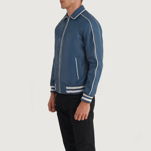 Veste de baseball décontractée pour homme en cuir bleu Cooper avec fermeture éclair, nouvelle collection hiver, logo personnalisé, manches en cuir - Product Image 2