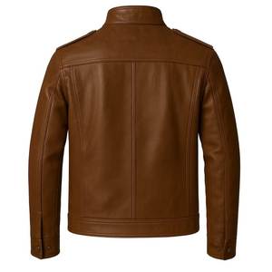 Veste en cuir véritable marron pour homme, col montant, fermeture éclair, style motard, avec 4 poches - Product Image 5
