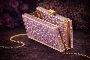 Handmade Orchid Resin Clutch | Elegant Evening <b>Bag</b> with Golden Chain - Product Image 3