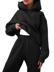 Conjunto de 2 piezas informal con hombros caídos de gran tamaño, sudadera de invierno, pantalones para correr, parches de encaje sólido, lona lavada - Product Image 5