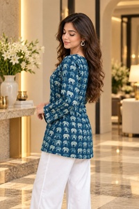Square Neck Lantern Sleeve Printed <b>Kurta</b> Viscose Cotton Animal Pattern Blue White Pants Set <b>Women</b> Casual Daily Wear - Product Image 4