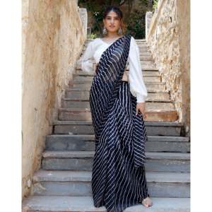 Magnifique sari en mousseline de soie noire Leheriya, design traditionnel, pour fêtes, mariages, vêtements de plage, haute qualité, impression numérique sur soie, séchage rapide - Product Image 4
