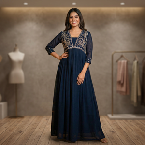 Traje Anarkali Azul Marino Bordado para Mujer, Corte Holgado, Elegante, Estilo Indio-Pakistaní, para Todas las Temporadas - Product Image 6