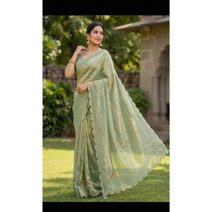 Sari Tradicional de Organza Bordado en Verde Claro de Algodón de Lujo para Niñas con Borde Festoneado para Bodas y Fiestas - Product Image 2