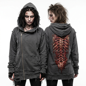Sweat à capuche graphique squelette gothique pour femme, fermeture éclair latérale, asymétrique, effet vieilli, esthétique horrifique, style punk rock streetwear - Product Image 1