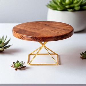 Support à gâteau en bois rond, présentoir à desserts avec base en métal, décoration de table rustique pour mariage ou fête - Product Image 2