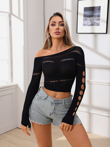 Top de punto negro con un hombro descubierto para <span class=keywords><strong>mujer</strong></span>, suéter corto de manga larga ajustado, ropa de moda para discoteca, venta al por mayor de verano - Product Image 3