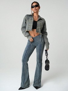 Veste en jean vintage à fermeture éclair sur le devant, manches longues, ourlet à franges, décontractée, pour l'hiver et l'automne, pour un usage quotidien - Product Image 3