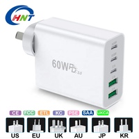 Chargeur rapide multi-ports HNT 60W GaN 3C2A PD avec prise AU/US/UK/EU, chargeur USB-C 30W pour ordinateur portable, certifié PD multiple, universel pour iPhone