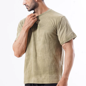 High Quality Acid Wash Men's <b>Olive</b> <b>Green</b> Cotton O-Neck Short Sleeve Casual <b>T</b>-<b>Shirt</b> Regular Fit Solid Color Knitted Jersey Style - Product Image 2