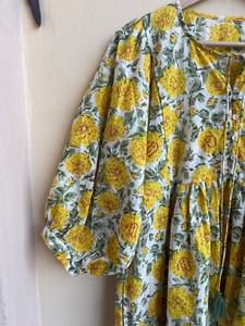 เดรสยาวโบฮีเมียนลายดอกไม้ ผ้าฝ้ายพิมพ์ลายด้วยมือ แขนยาว คอทรงโอ เดรสยาวพิมพ์ลายดอกไม้สำหรับผู้หญิง - Product Image 3