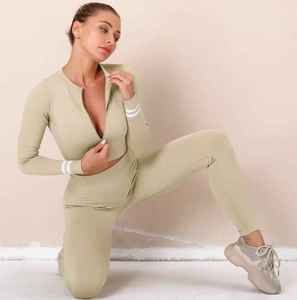 Conjuntos deportivos de 2 piezas de alta calidad para mujer, conjuntos de gimnasio y fitness, conjunto de yoga con cremallera frontal y rayas de manga larga - Product Image 3