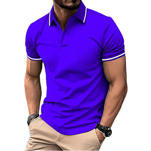 Polo de Manga Corta Negro para Hombre con Bolsillo, Color Sólido, Diseño Casual de Algodón Transpirable, Corte Regular - Product Image 2