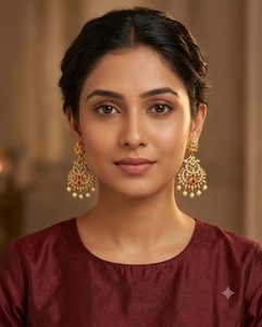 Pendientes de diseñador con diseño de la diosa Laxmi, con incrustaciones de diamantes americanos y perlas colgantes, estilo tradicional del sur de la India para bodas. - Product Image 4