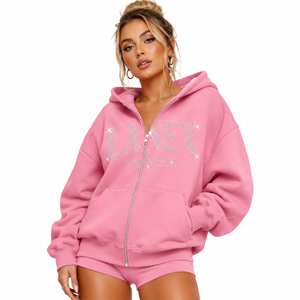 Sweat-shirt unisexe surdimensionné en coton 100% avec fermeture éclair et strass roses personnalisés, imprimé graphique en cristal, style streetwear, OEM - Product Image 1