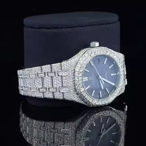 Montre automatique à quartz élégante et unique en édition limitée, cadran en diamant moissanite bleu, bracelet en acier inoxydable, verre minéral, tendance - Product Image 2