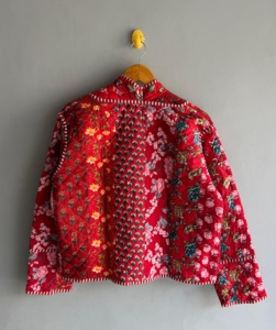Red Floral Quilted <b>Jacket</b> With <b>Mandarin</b> <b>Collar</b> Three Quarter Sleeve Winter Women's Outerwear gift for her - Product Image 6
