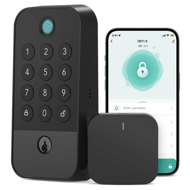 WiFi Smart Deadbolt Lock Fingerprint Keypad Keyless Entry Auto Lock Voice Gateway Remote Control Compatible Black Wood Door ABS