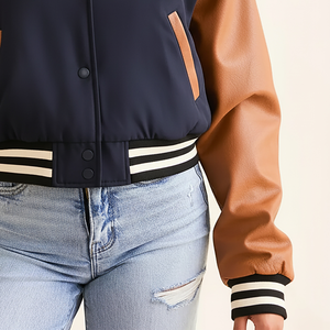 High Quality Embroidery Logo <b>Women's</b> <b>Jackets</b> Custom Warm Baseball <b>Jacket</b> Faux Leather Sleeve <b>Navy</b> Blue Autumn Warm Baseball - Product Image 5