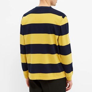 Camiseta de manga larga a rayas para hombre, cuello redondo, corte regular, tejido de algodón, estilo casual, color amarillo azul marino, camiseta para hombre - Product Image 2