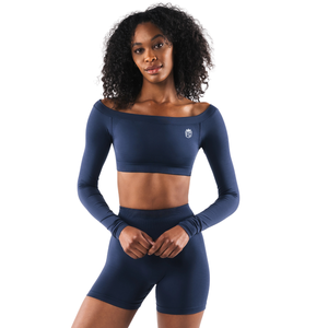 Haut court sans couture à épaules dénudées pour femme, bleu nuit, extensible, idéal pour la gym, le yoga et l'entraînement - Product Image 1