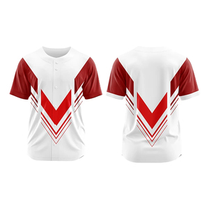 Camiseta de Béisbol Geométrica Blanca y Roja para Hombre, Manga Corta, Cierre de Botones, Transpirable, Poliéster, Todas las Temporadas, Corte Regular - Product Image 1
