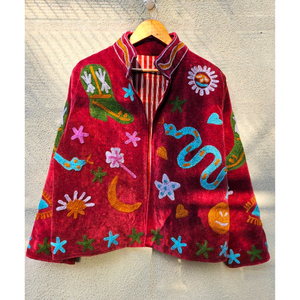 <b>Maroon</b> Velvet Embroidered Women Jacket New design Pattern Short <b>Coat</b> Autumn Winter Hand Embroidery Pattern <b>Coat</b> gift for her - Product Image 1