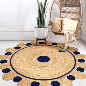 Handmade Natural Jute <b>Round</b> Area <b>Rug</b> Navy Blue Border Braided Jute Floor <b>Rug</b> <b>Large</b> Decorative Boho Home Decor - Product Image 1