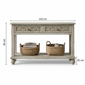 Most Demanded Hand Carved Solid Wood 2 Drawer <b>Console</b> <b>Table</b> with Lower Shelf for Living Room Available for Wholesale Supply - Product Image 4