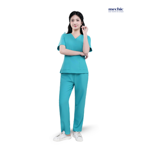 Ensemble de blouses médicales pour femmes Mechanic, vert menthe, col en V, manches courtes, uniforme d'hôpital, tissu en coton et polyester, pantalon inclus - Product Image 2