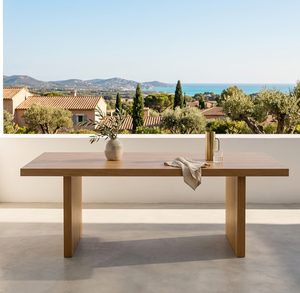 Table à manger en teck Tania raffiné, finition à grain naturel exquis, design moderne élégant, base architecturale durable et écologique - Product Image 3