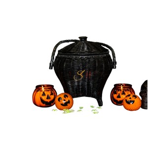 Panier de rangement en rotin noir tressé à la main, design flexible, panier cadeau créatif en forme de chaudron, décoration d'Halloween effrayante - Product Image 4
