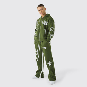 Conjunto Deportivo con Capucha para Hombre, Color Verde Oliva, Manga Larga, Cierre Frontal con Cremallera, Estampado, Pantalones Deportivos con Bolsillos Laterales, Ropa de Otoño para Hombre - Product Image 1