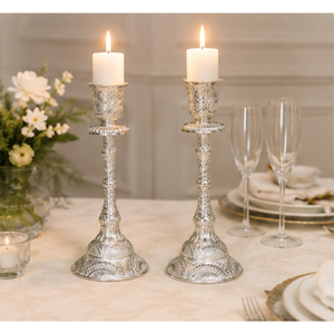 Deluxe <b>Silver</b> Shabbat Candle Holder Set Ornate Engraved Metal <b>Candlesticks</b> for Wedding & Home Decor Taper Candle Holders - Product Image 4