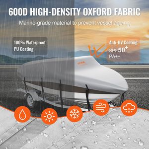 Impermeabile 600D Marine di grado PU Oxford Trailerable barca per barche a motore 16 '-18.5' Bass Ski V-Hull Tri-Hull Grey fibbia - Product Image 3