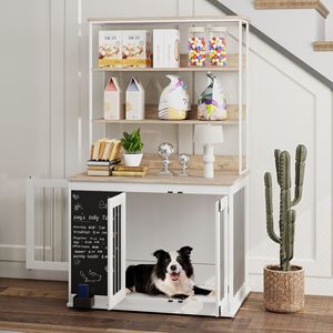 Cuccia Rettangolare per Cani di Taglia Grande con Spazio di Stoccaggio, 3 Porte, Lavagna e Cuscinetti Antiscivolo, Bianca - Product Image 2