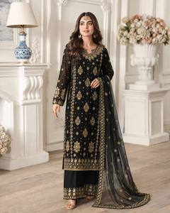 Black Embroidered Indian Pakistani Set Long <b>Top</b> Palazzo Dupatta <b>Net</b> Party Outfit for Wedding Banquet - Product Image 1