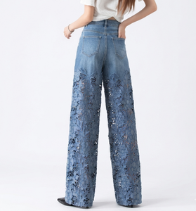 Jean en denim taille haute à jambe large pour femme, longueur intégrale, en coton délavé, broderie en dentelle, coupe décontractée, style printemps - Product Image 3