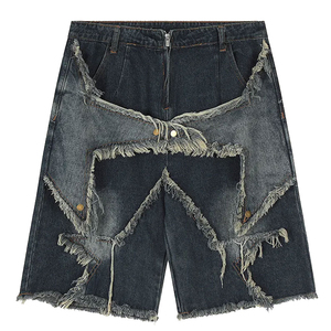 Shorts en jean gris anthracite délavé à l'acide pour homme, style Y2K, coupe oversize, patchwork étoiles, ourlet effiloché, streetwear, baggy - Product Image 3
