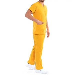 Men Yellow V-Neck Short Sleeve Scrub <b>Top</b> Cotton Polyester Woven Hospital Uniform Set - Product Image 4