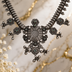 Oxidized Handcrafted Antique Silver Zinc Alloy Zircon Bezel Setting Bohemia Flower Design Engagement Wedding Women's Set - Product Image 1