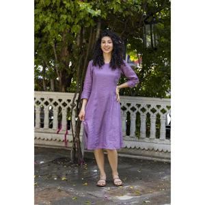 Women Cotton Linen <b>Boho</b> Style Plain Midi <b>Dress</b> Round Neck 3/4 Sleeve Loose Casual <b>Dress</b> - Product Image 3