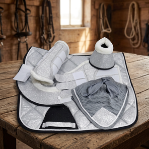 Ensemble de tapis de selle de dressage tout usage en coton respirant avec doublure en polaire et insert en maille gris et blanc - Product Image 4