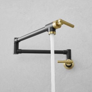 Rubinetto da cucina a parete pieghevole in ottone nero e oro, miscelatore singolo retrattile per lavello - Product Image 3