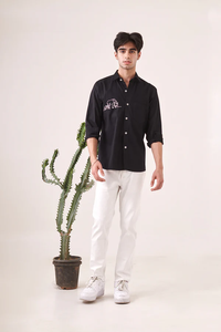 Camisa de manga larga para hombre con diseño bordado de elefante, moderna, ajustada, estilo cargo, de sarga, informal, con botones, para verano, exterior y noche. - Product Image 3