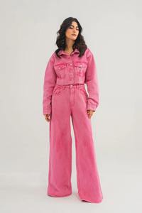 <b>Pink</b> Washed <b>Denim</b> <b>Jumpsuit</b> Women Long Sleeve Button Front Casual Wide Leg Outfit for Autumn Winter - Product Image 2
