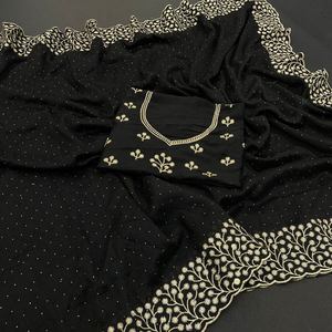 BORDADO DE SEDA VICHITRA A LA MODA CON CORTE DE DIAMANTE TRABAJO SAREE CON BLUSA DESCOSTADA NEGRO - Product Image 1