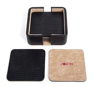 Luxury <b>Black</b> Faux Leather Coaster Set with Holder Elegant Drink Coasters for <b>Coffee</b> <b>Table</b> Dining Room Office Decor - Product Image 5