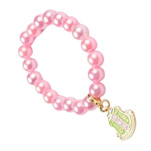 AKA สร้อยข้อมือมุกสีชมพูพร้อมจี้โล่ทองคำ เครื่องประดับข้อมือประดับลูกปัดสุดหรู เครื่องประดับแฟชั่นสำหรับผู้หญิง ของขวัญที่ได้แรงบันดาลใจจากสมาคมนักศึกษาหญิง - Product Image 3